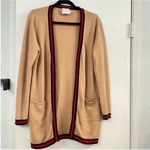 Brodie Cashmere Striped Tan Red/Black Open Front Cardigan Size S